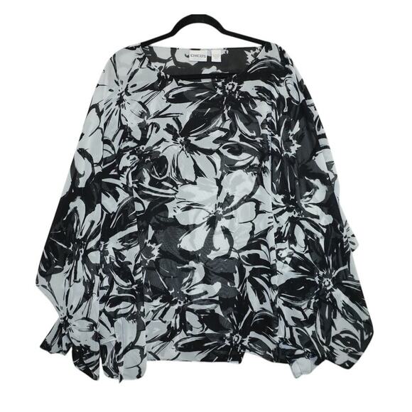 Chico’s Sheer Black White Floral Print Poncho Blouse – Size 3 (XL/16) - Picture 2 of 4